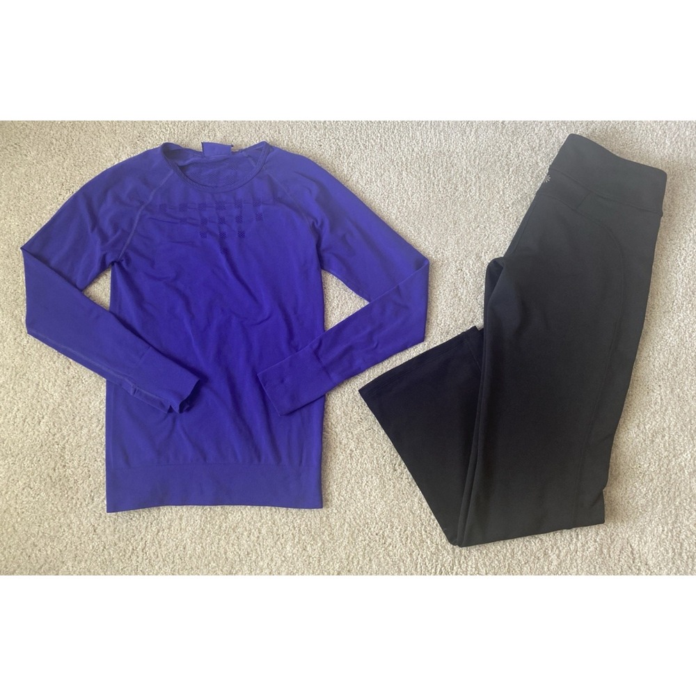 Athleta Women's Lot Top and Leggings Black Purple Athletic Set Size Small